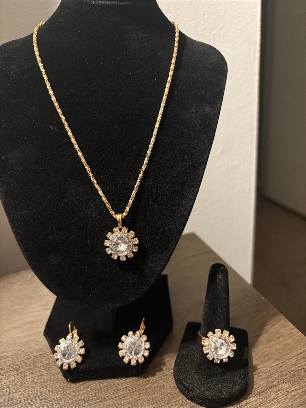 Gold-Tone Crystal Sunburst Necklace, Earrings & Ring Set